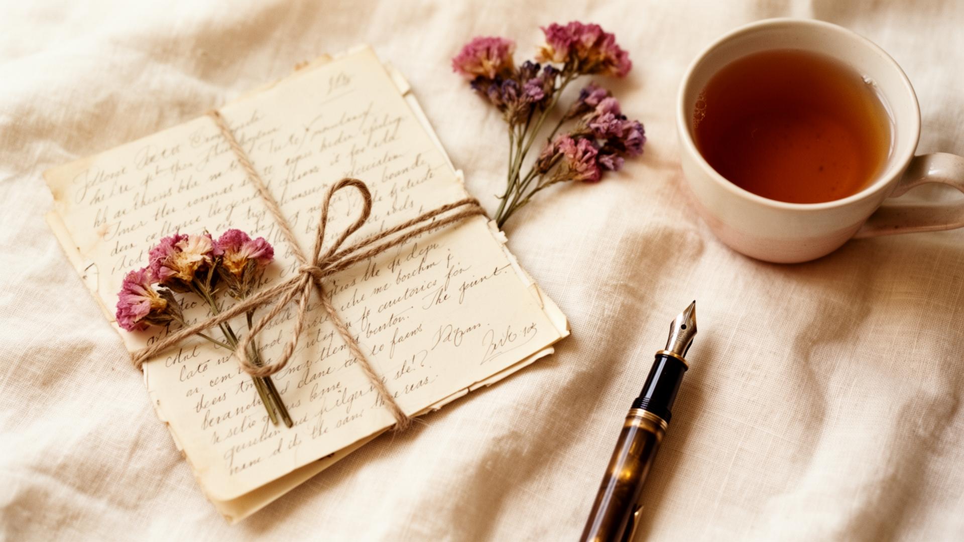 Vintage handwritten letters tied with twine beside a warm cup of tea